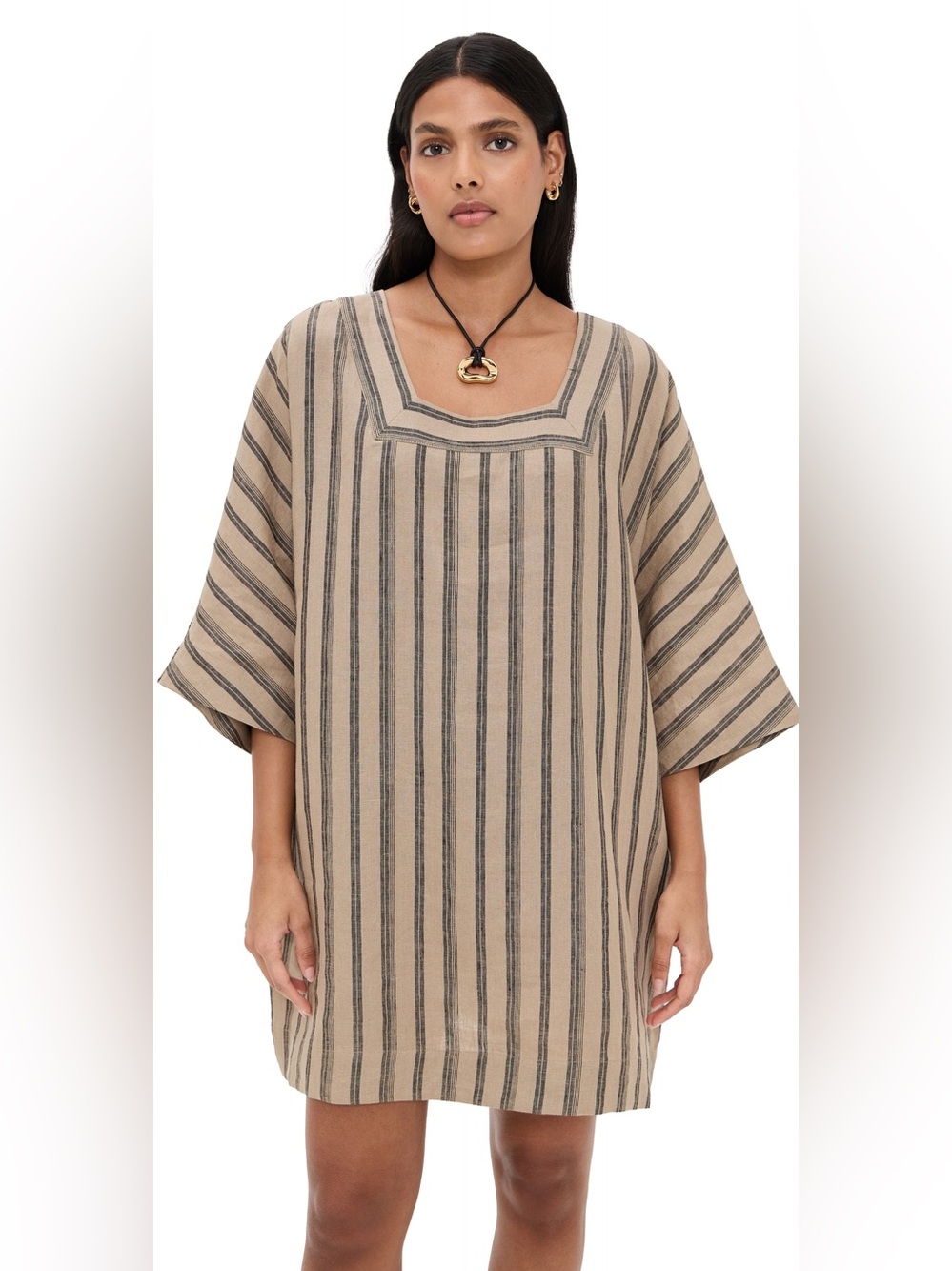 Staud Manuela Striped Square-Neck Linen Blend Tunic Top - Beige/Black